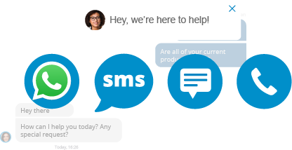 Whatsapp, sms, chat en telefoon logo's met een pop-up erboven met de tekst: Hey, we're here te help!
