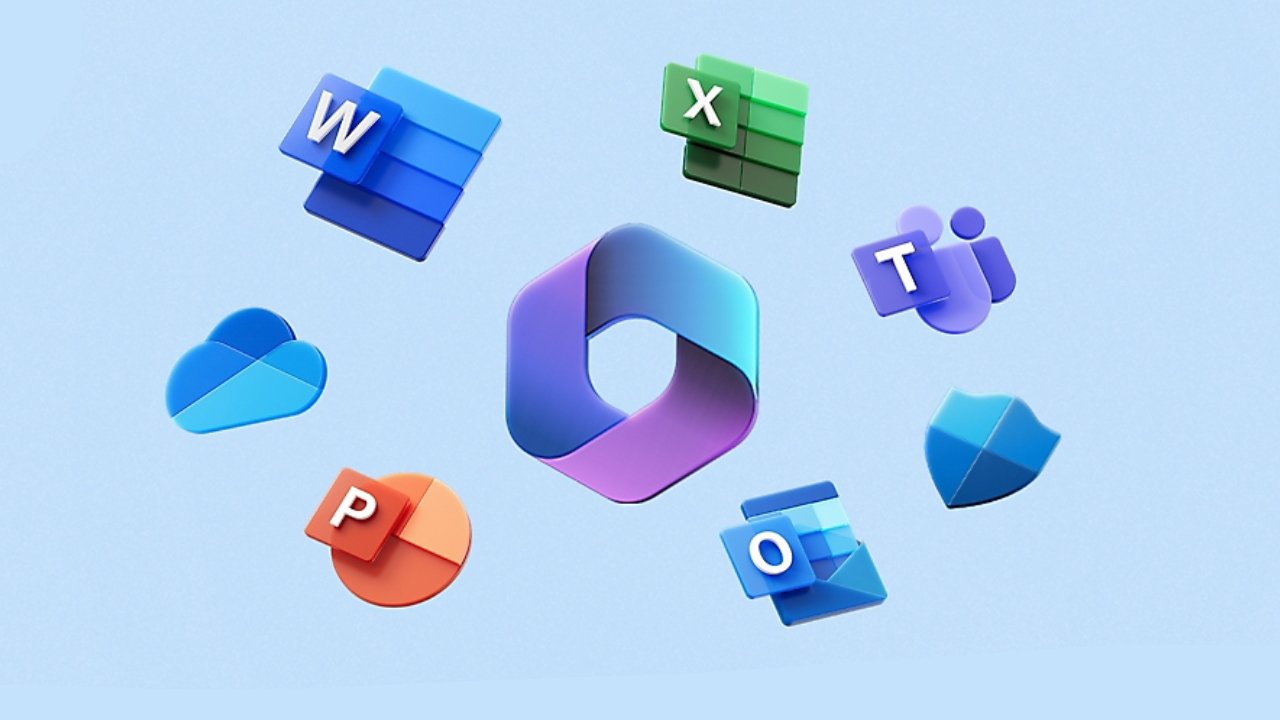 Logo's van Word, Excel, Teams, Outlook en Powerpoint die rondzweven